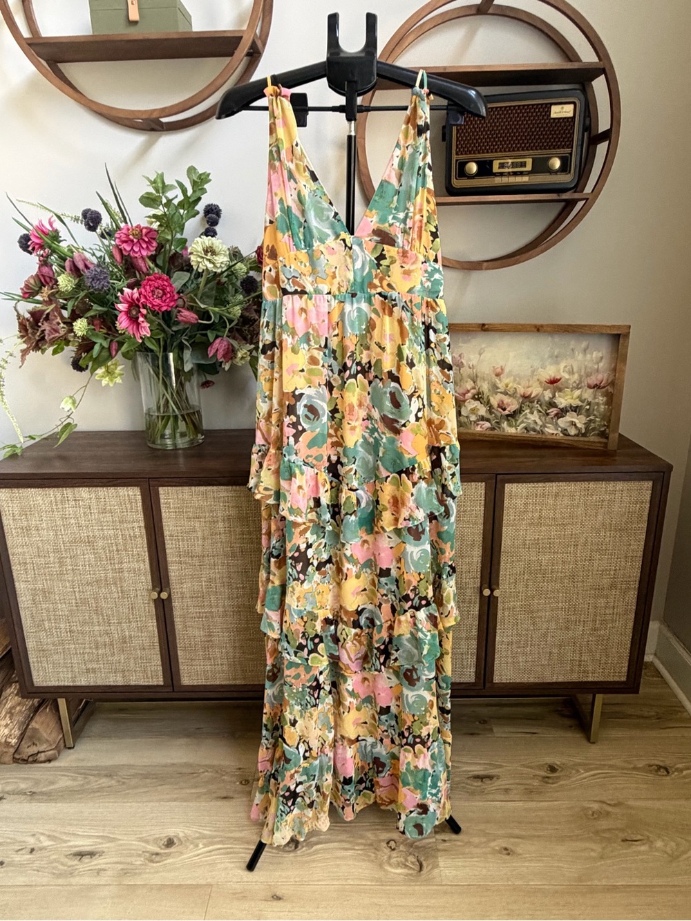 VICI Floral Tiered Maxi Dress XL Multicolor Smocked Back Boho